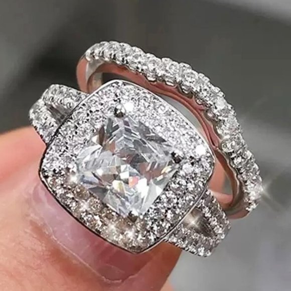 💞Square Zircon Micro Pave 925 Sterling Silver Plated Wedding Ring Set,UNVN12176 - Picture 2 of 4